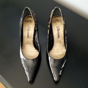 Black patent reptile print heels